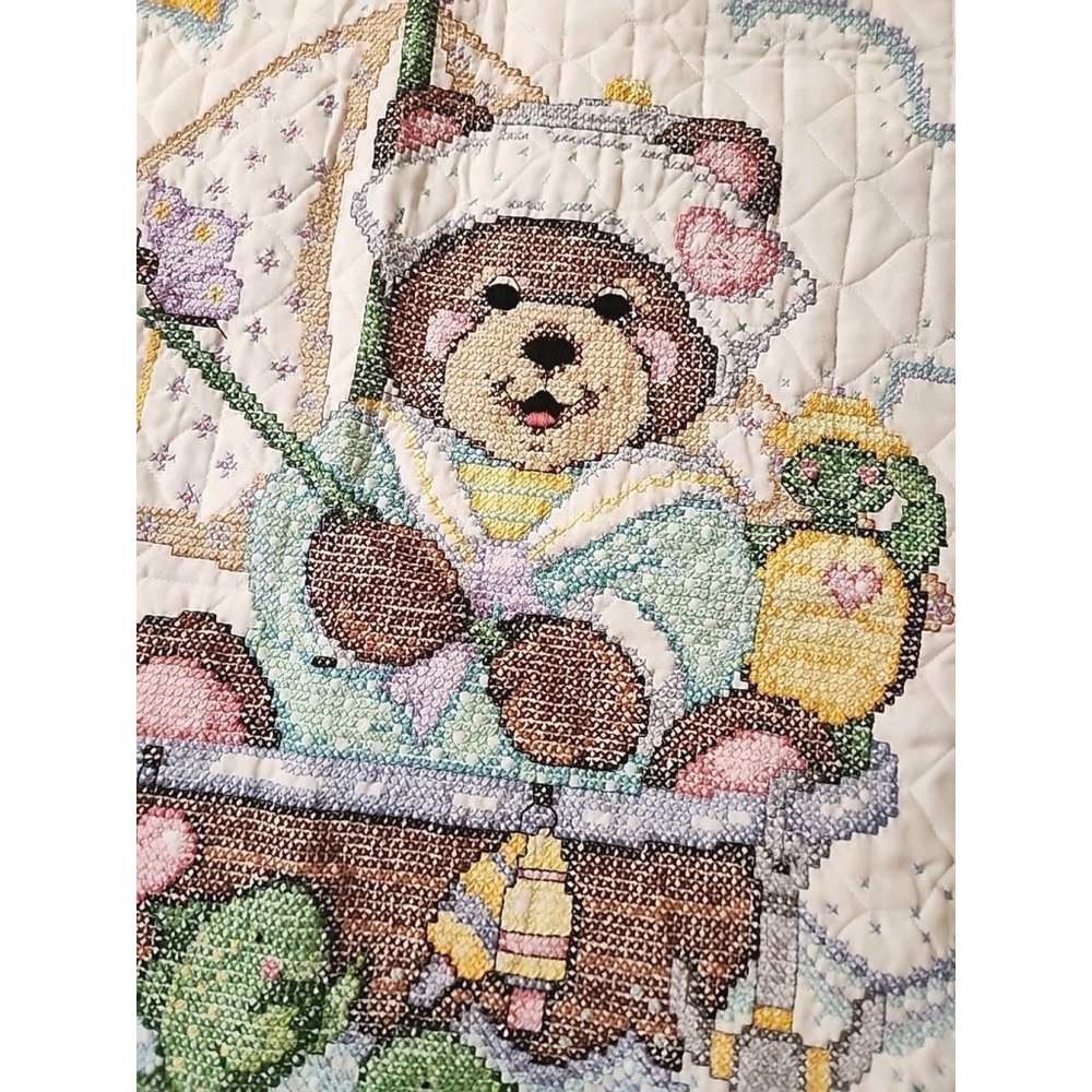 Needlepoint Baby Quilt Blanket Bear Fishing Under the Sea Cross Stitch 41x28